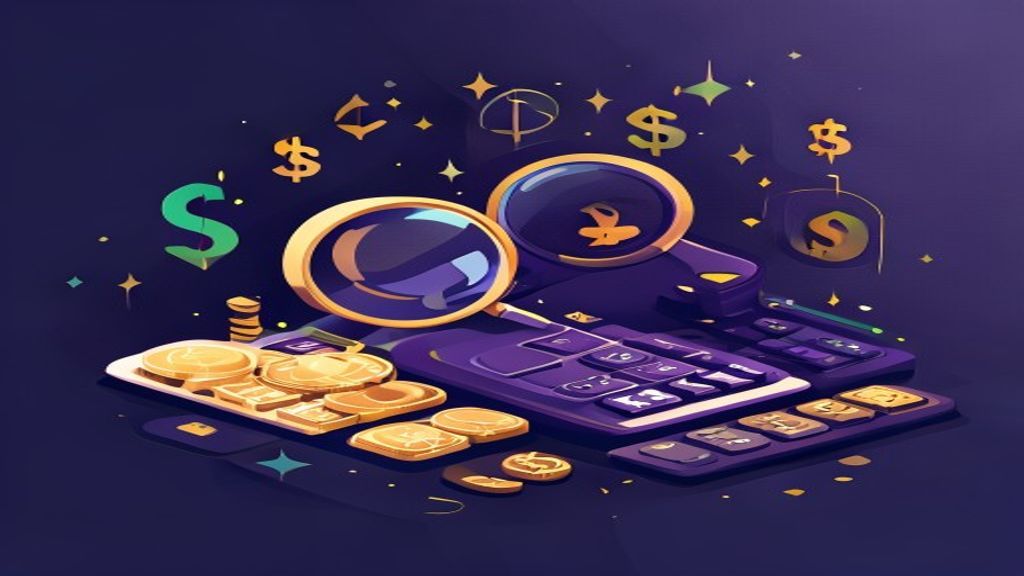 Magnifying glass on credit cards with coins and calculator